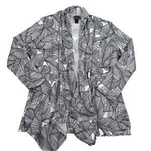 Clara Sun Woo Open Cardigan Sweater Women's Large Black White Leaf Print Ribbed